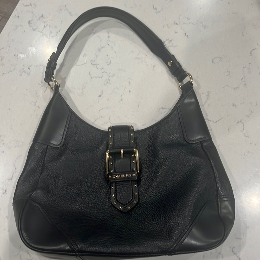 Michael Kors Black and Gold Shoulder Bag with Belt Buckle Close